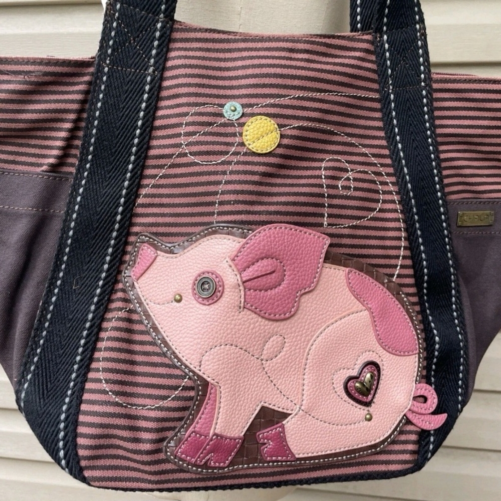 **ISO*Chala Tote Bag Pink Pig Carryall Zip Bag Pocket Brown Pink Striped Handbag